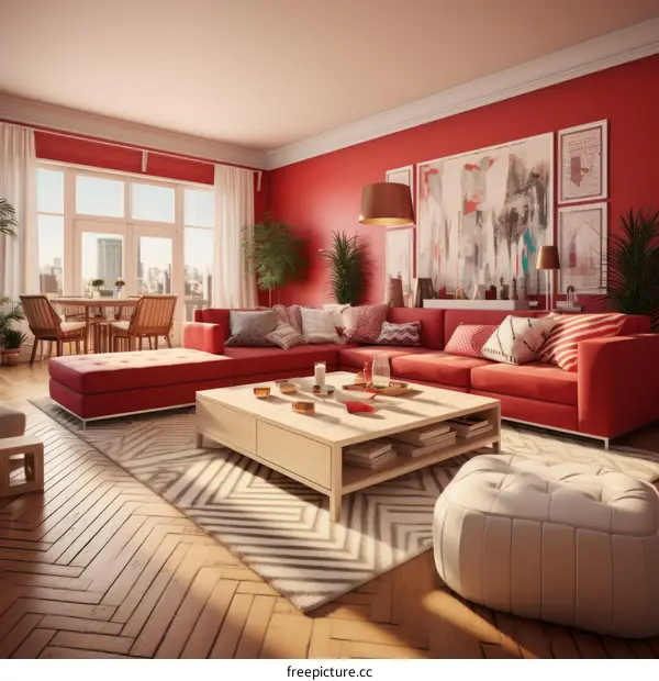 Red Living Room with Ample Seating and Decor