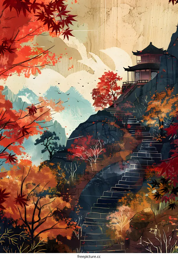 Autumn Landscape with Pagoda and Stone Stairs