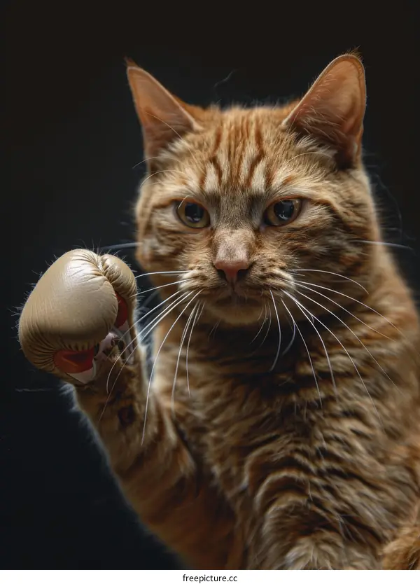 A ginger cat wearing a boxing glove is ready to fight