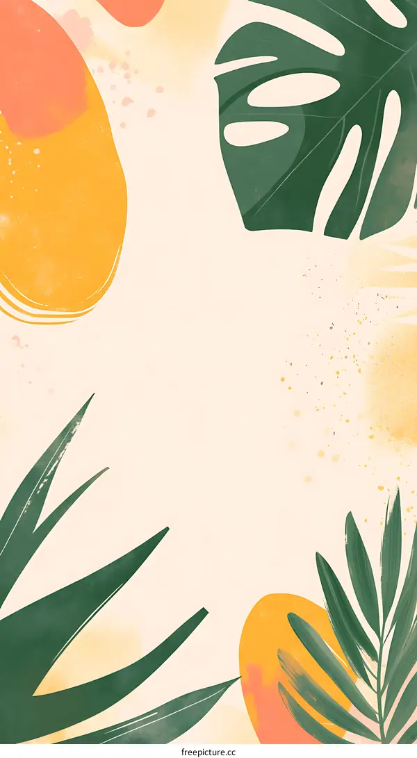 Abstract Illustration with Green Leaves and Orange Shapes