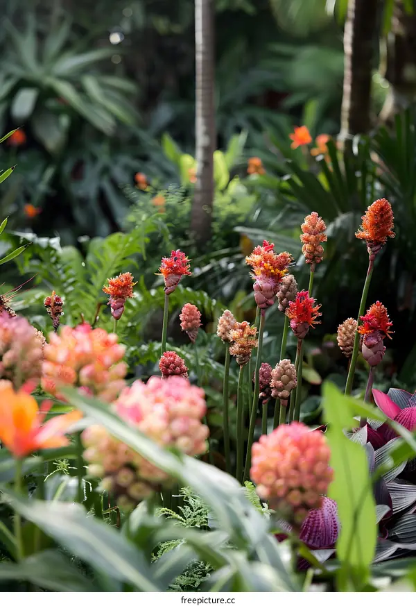 Close Up of Pink and Orange Flowers in Tropical Garden