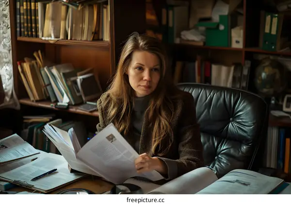 A woman is sitting in a leather chair in a library, reading a document.