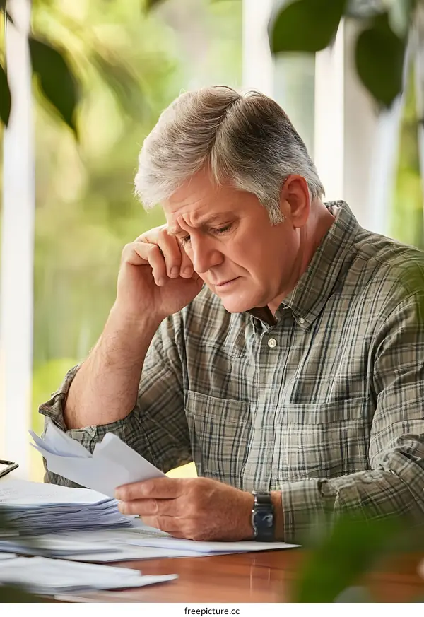 Man Reading Bills With Worried Expression