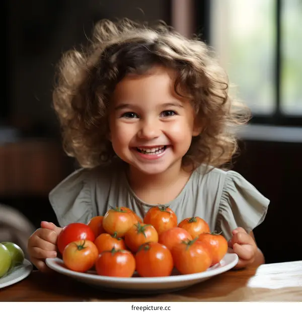 Little girl holding a plate full of tomatoes