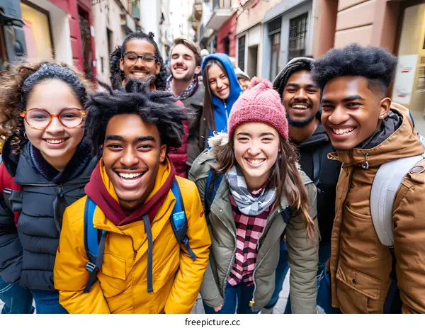 Group of Diverse Friends Smiling in European City