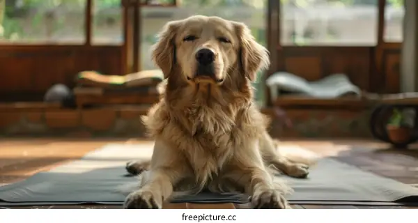 Golden Retriever Dog Lying On Yoga Mat In Living Room