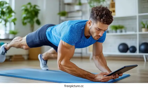 Man Doing Plank Exercise Looking at Tablet