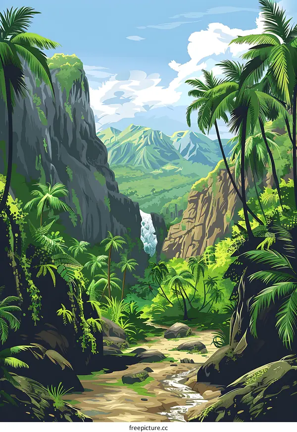 Tropical Rainforest Landscape With Waterfall