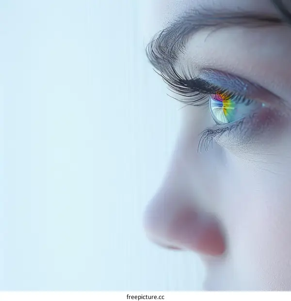 girl looking out the window with her eyes reflecting the rainbow