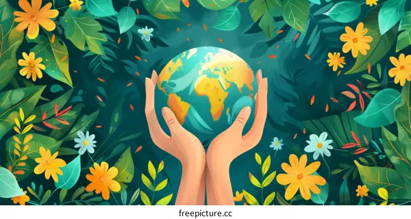 Hands Cradling Green Earth with Flowers and Foliage