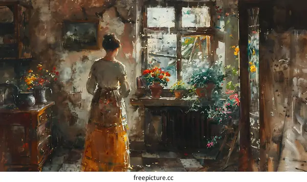 A woman standing in front of a window