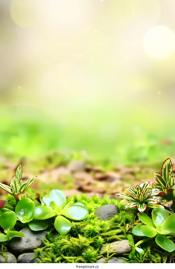 Green Moss And Succulents On Stones With Blurred Background