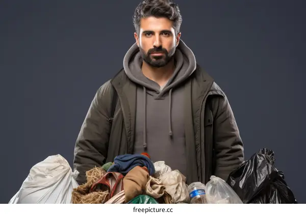 Portrait of a man with a beard and a gray jacket holding a pile of garbage