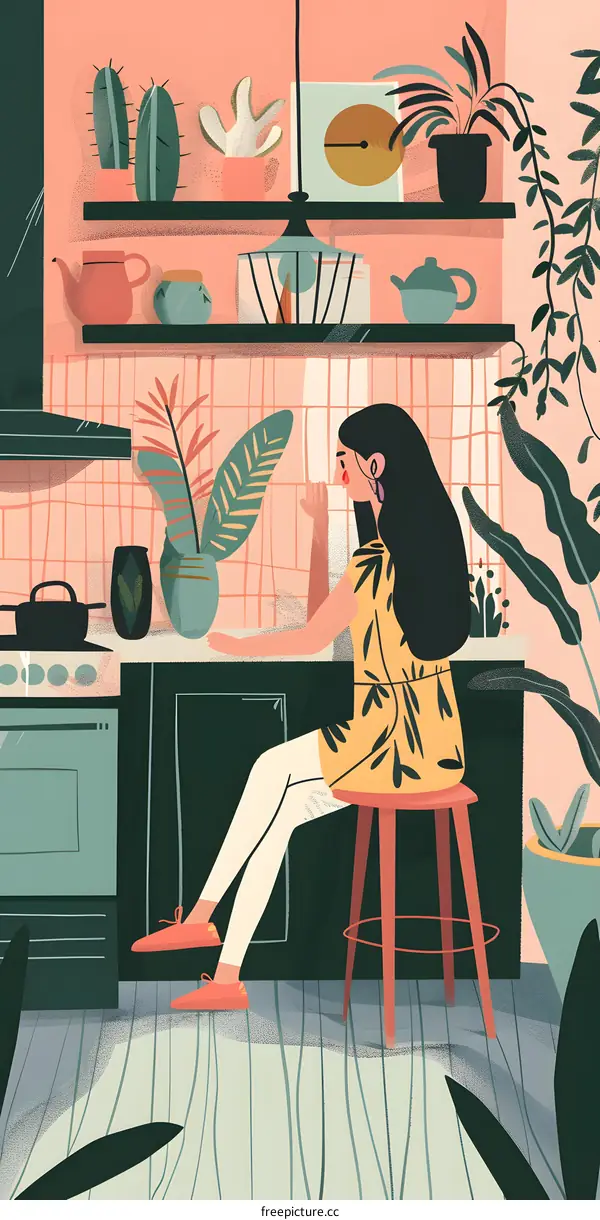 Woman Sitting in Kitchen with Plants and Shelving