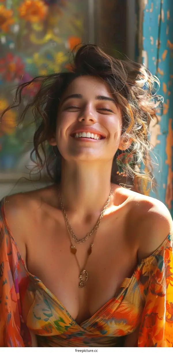 Smiling Woman with Beautiful  Floral Print Dress