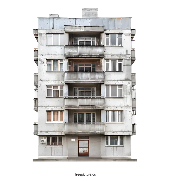 [Transparent Background PNG]Old Concrete Building with Balconies Isolated on White Background