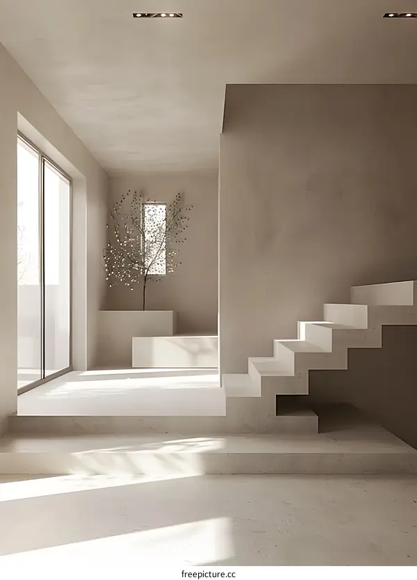 Minimalist Interior Design with Concrete Stairs and a Small Tree