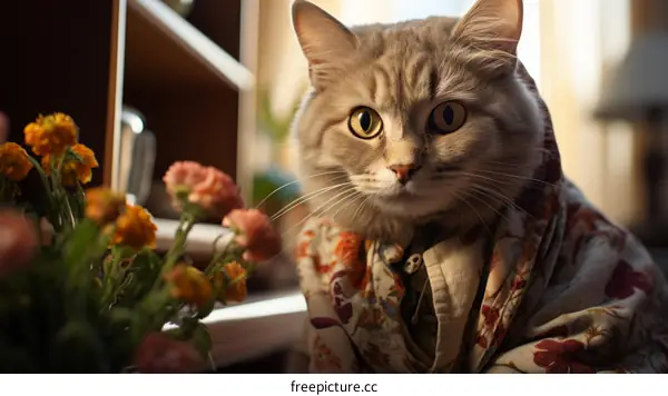 A cute cat wearing a floral blanket