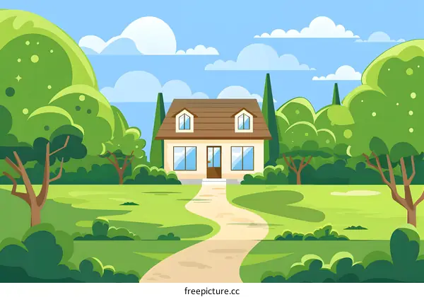 Cartoon Illustration of a House with a Green Lawn