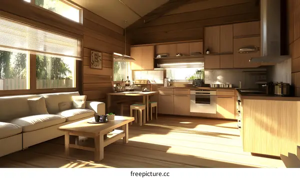 Modern Wooden Kitchen and Living Room Design