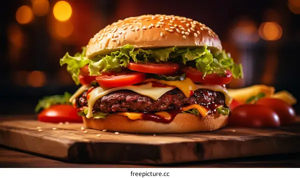 A delicious cheeseburger with lettuce, tomato, and pickles on a sesame seed bun