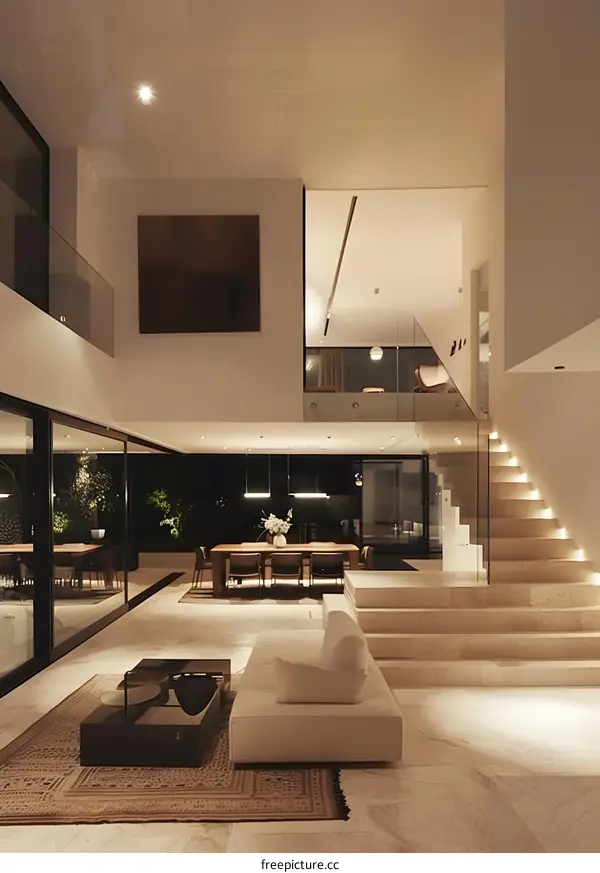 Modern Interior Design with White Sofa and Staircase
