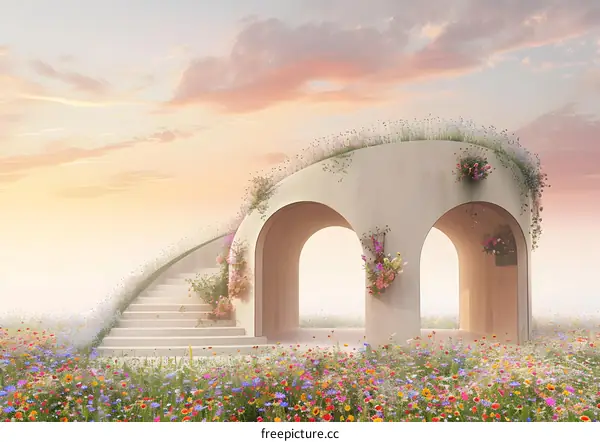 Stone Archway with Flowers and Stairs