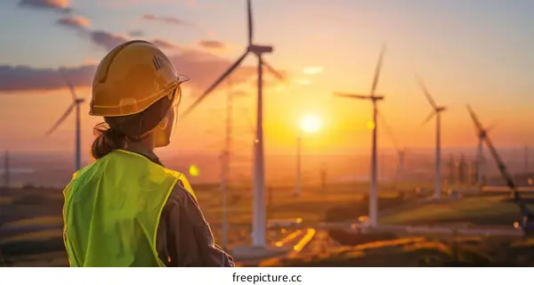 Wind energy technician standing in front of wind turbines at sunset
