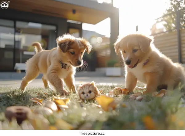 Two cute puppies playing with a toy in the backyard