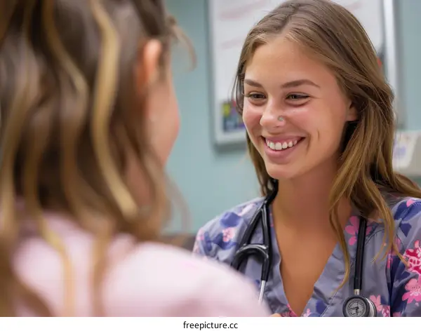 Young healthcare professional smiling at patient