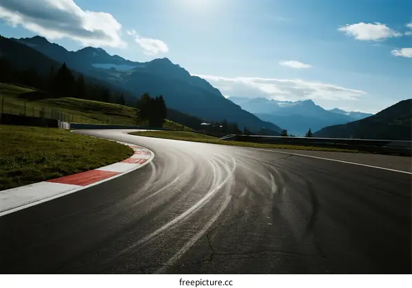 A winding race track surrounded by majestic mountain ranges under a clear sky
