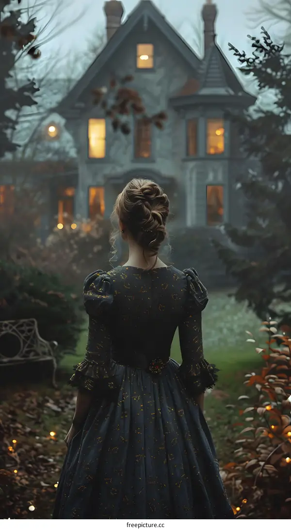 Woman in a Long Dress Standing in Front of an Old House