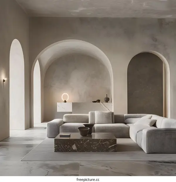 Modern Minimalist Living Room with Arched Windows and Grey Walls