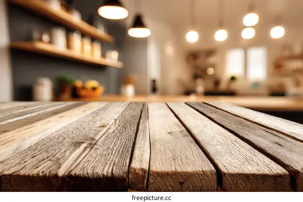 Rustic Wooden Tabletop in Kitchen Background