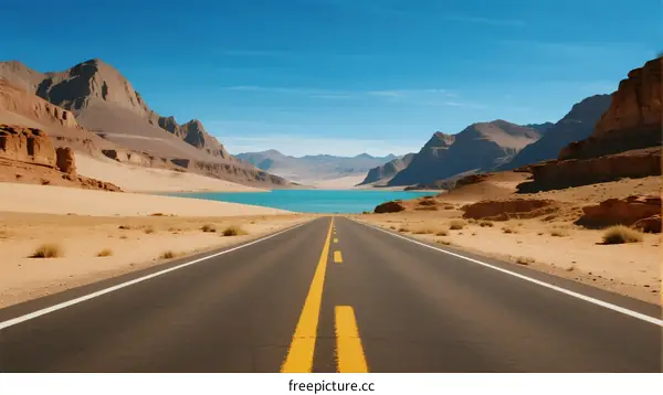 Scenic Road Through Arid Landscape with Turquoise Lake