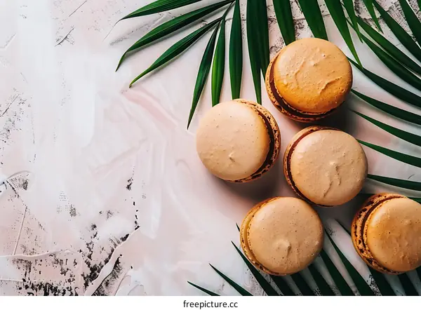 Palm Leaves and Brown Macarons on White Background