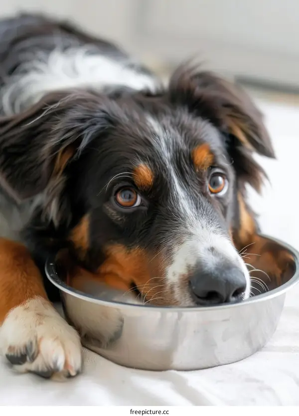 A Border Collie dog is lying down next to a metal bowl