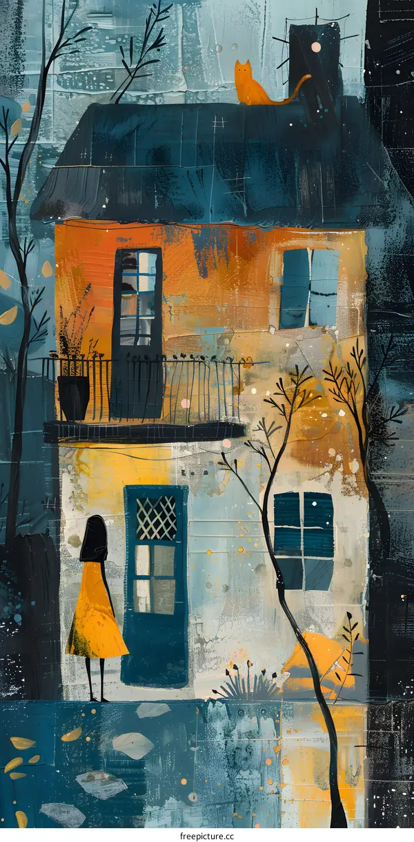 A girl in a yellow dress standing in front of a blue house with a cat on the roof