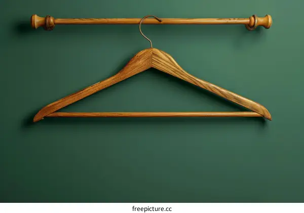 brown wooden clothes hanger on a brown wooden rod against a dark green background