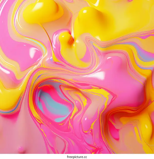 Colorful abstract painting with vibrant swirls of pink yellow and blue