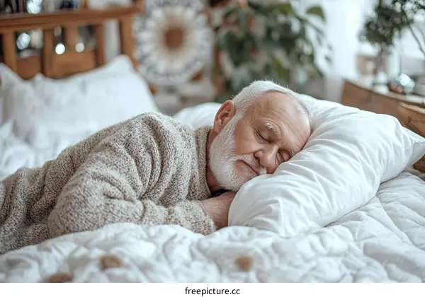 Elderly Caucasian Man Sleeping in Bed