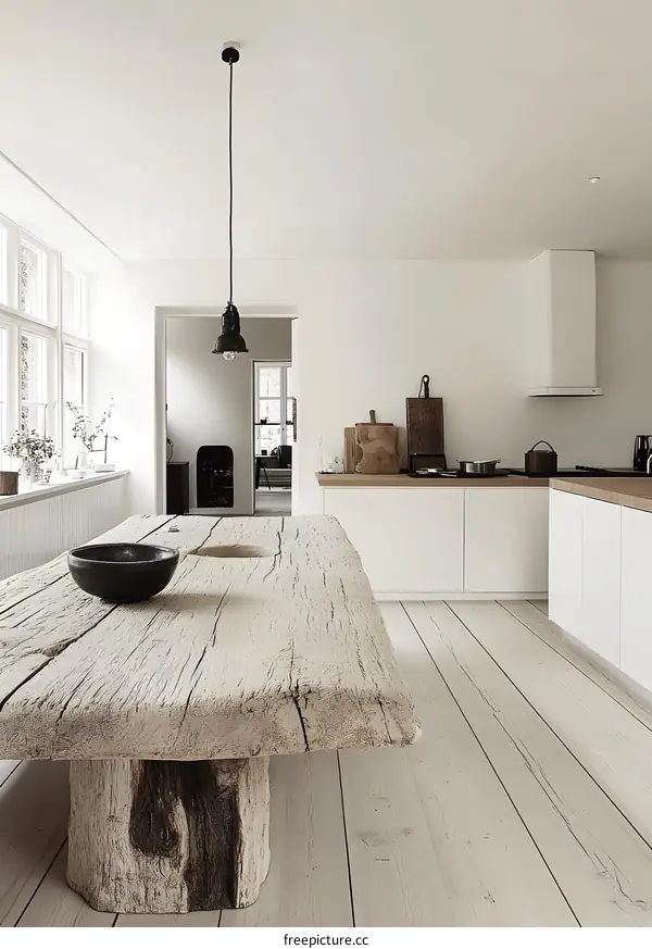 Minimalist Kitchen Interior With Rustic Wood Table And White Cabinets