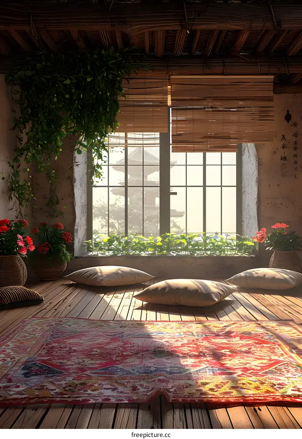 Japanese Style Room Interior Design With Wooden Floor And  Large Window View