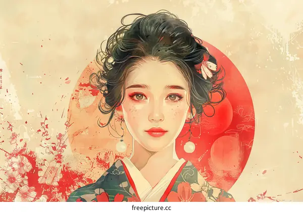 portrait of a beautiful asian woman with black hair wearing a traditional japanese kimono