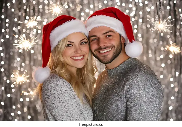 Couple Wearing Christmas Hats in Festive Setting