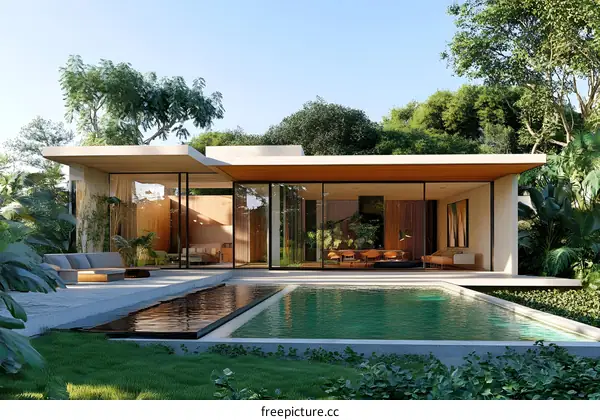 Modern Glass House with Pool and Tropical Garden