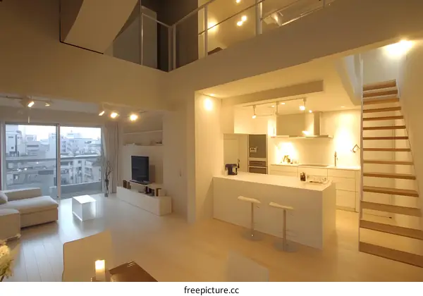 Modern Minimalist Kitchen and Living Room Interior Design with Loft
