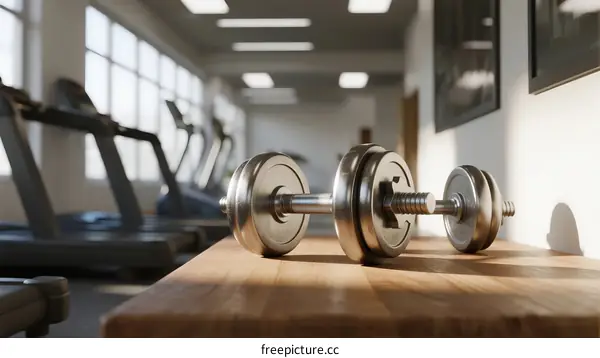 Dumbbells on wooden table in modern gym interior