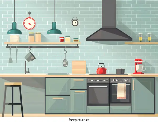 Modern Kitchen Interior Design Illustration with Green Cabinets and Red Kettle
