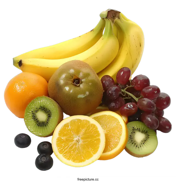 [Transparent Background PNG]Fresh Fruit Mix with Bananas, Oranges, Kiwi, Grapes and Blueberries